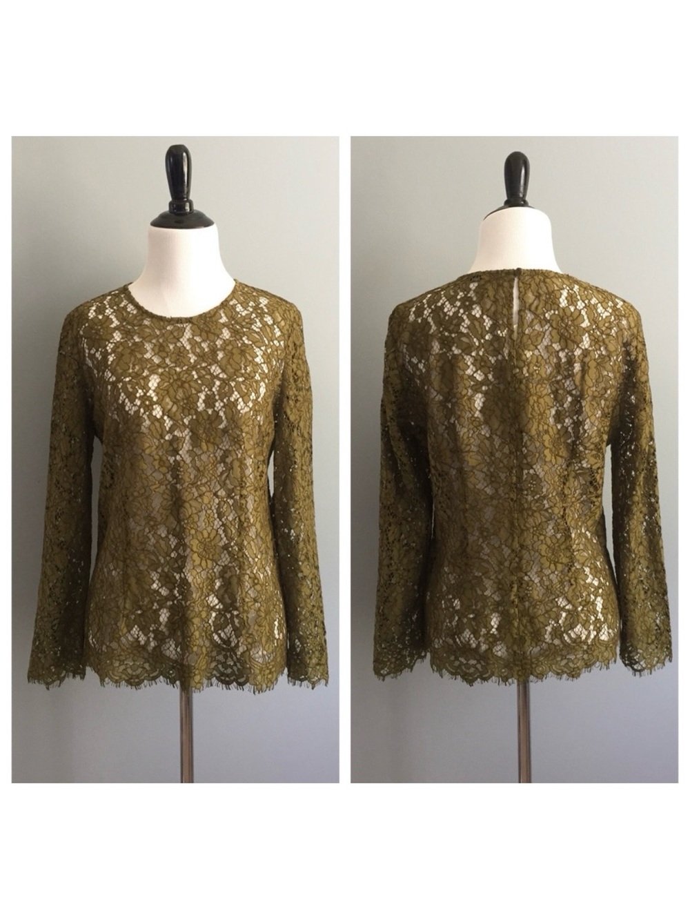 J. Crew Olive Green Floral Lace Long-Sleeve Blouse